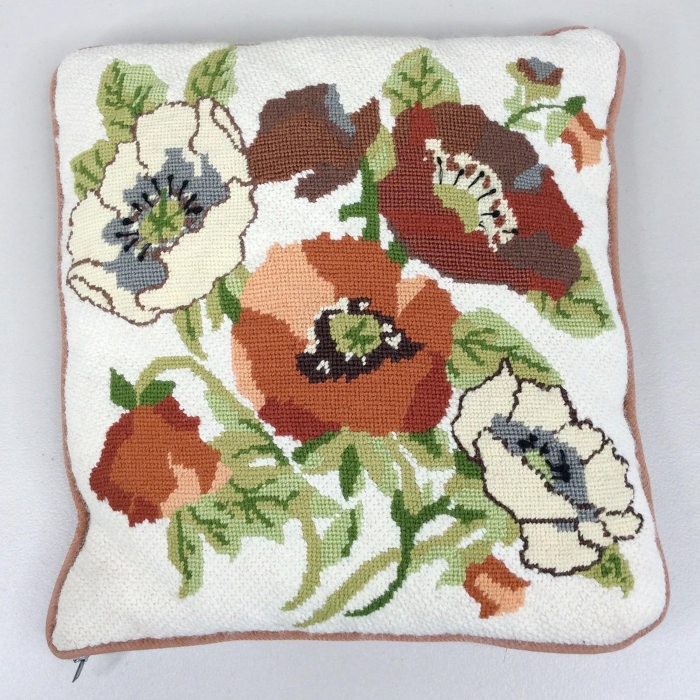 Vintage Needlepoint Handmade Decor Pillow w/ Zipped Cover Floral Pansies